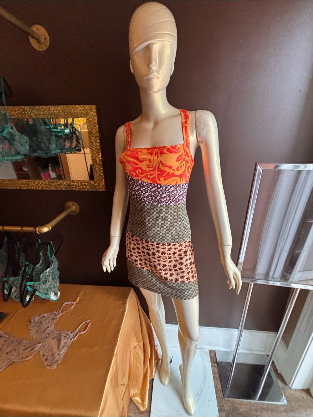 Orange Patchwork Square-Neck Mini Dress